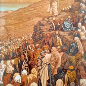 Jesus giving a sermon on the mount. Print by Tissot.